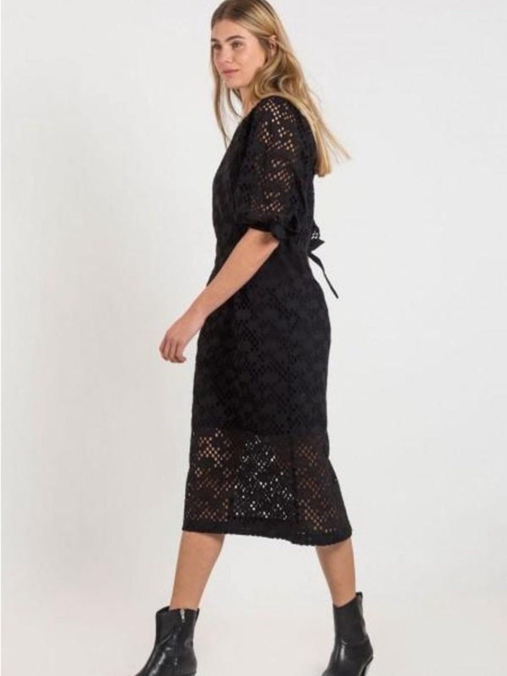 JUST Female Black Eyelet Lace Midi Dress Puff Sleeve Scandinavian Size 8